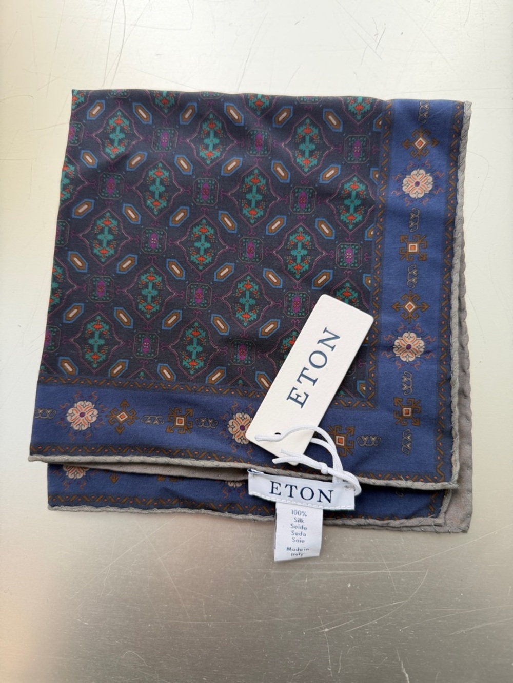 Eton Blue & Teal Geometric Silk Pocket Square